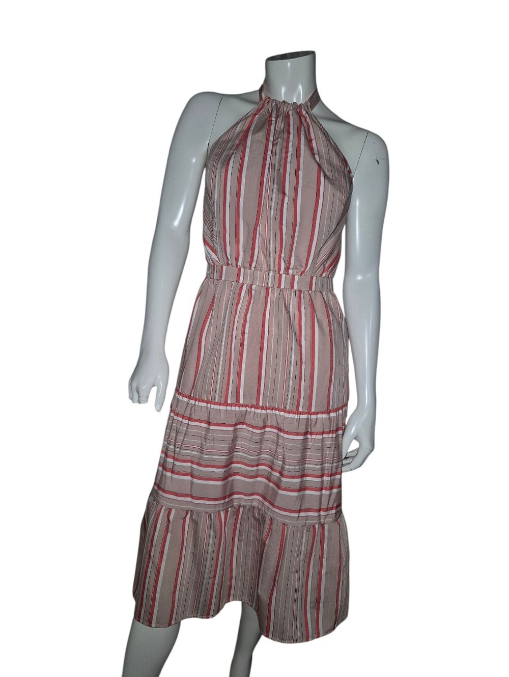 Kaari Blue Striped Tiered Halter Dress Coral Tan Cream Petite Small New With Tag